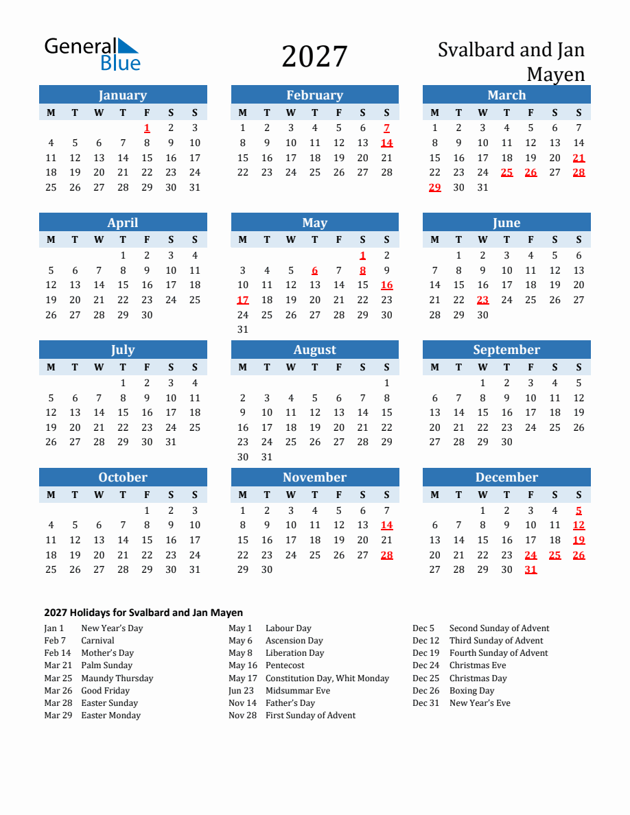 2027 Printable Calendar with Svalbard and Jan Mayen Holidays - Monday Start