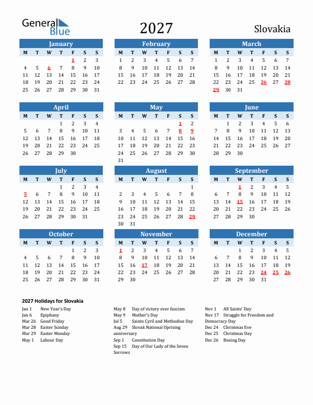 Printable Calendar 2027 with Slovakia Holidays (Monday Start)