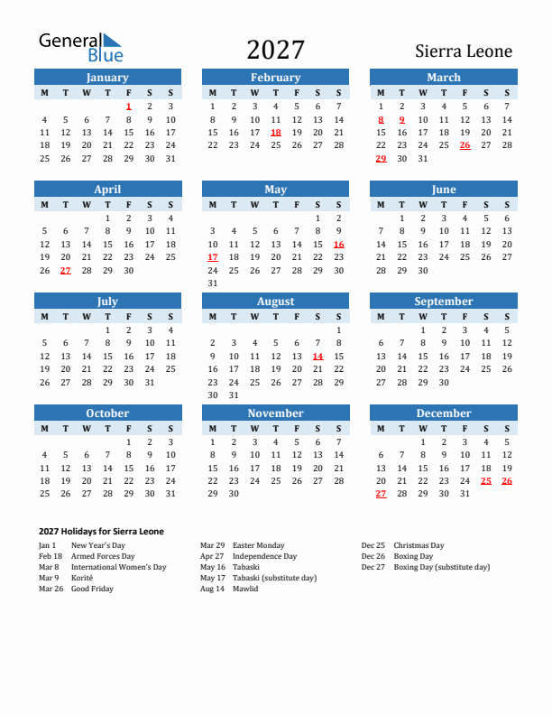 Printable Calendar 2027 with Sierra Leone Holidays (Monday Start)