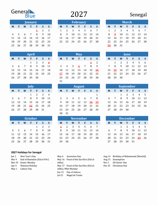 Printable Calendar 2027 with Senegal Holidays (Monday Start)