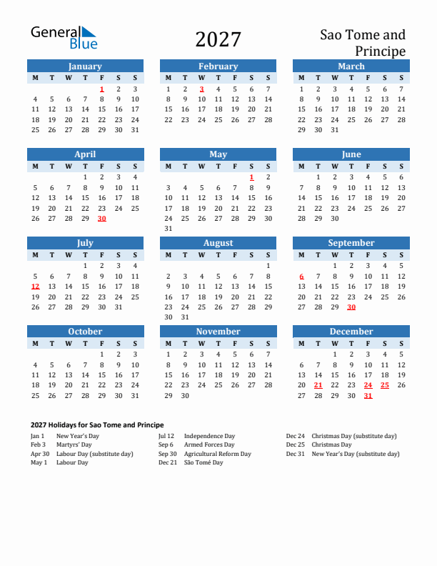 Printable Calendar 2027 with Sao Tome and Principe Holidays (Monday Start)