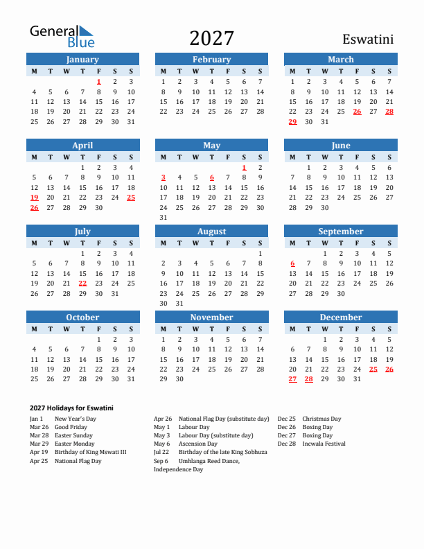 Printable Calendar 2027 with Eswatini Holidays (Monday Start)