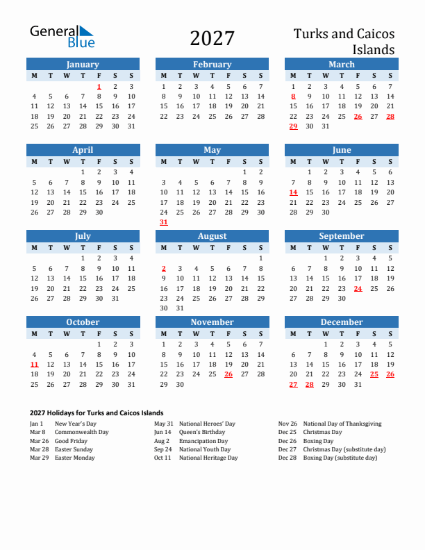 Printable Calendar 2027 with Turks and Caicos Islands Holidays (Monday Start)