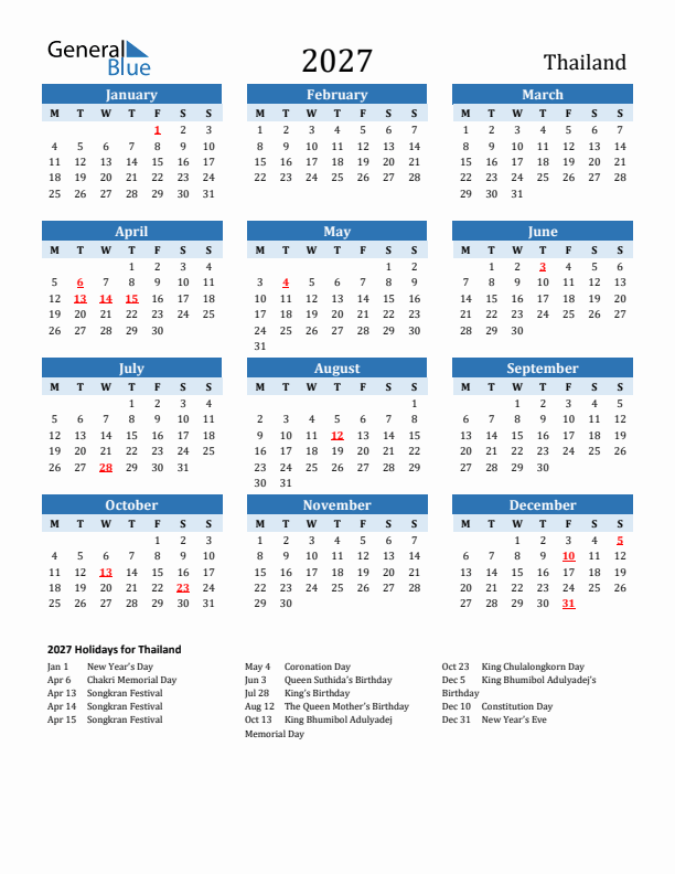 Printable Calendar 2027 with Thailand Holidays (Monday Start)