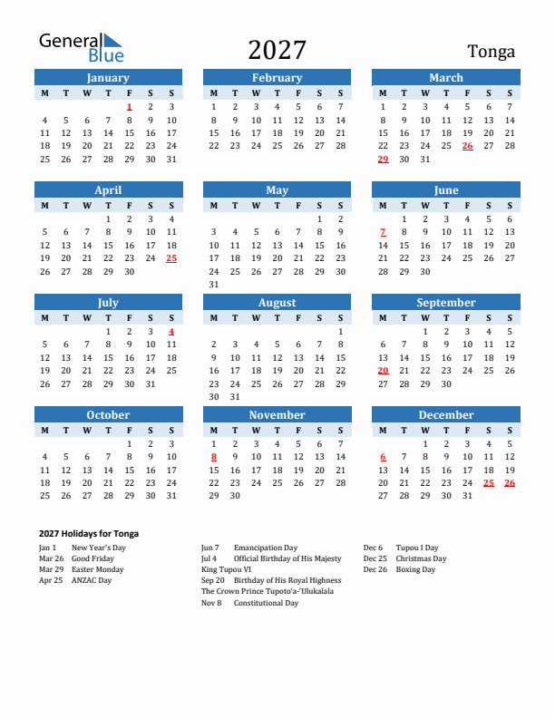 Printable Calendar 2027 with Tonga Holidays (Monday Start)