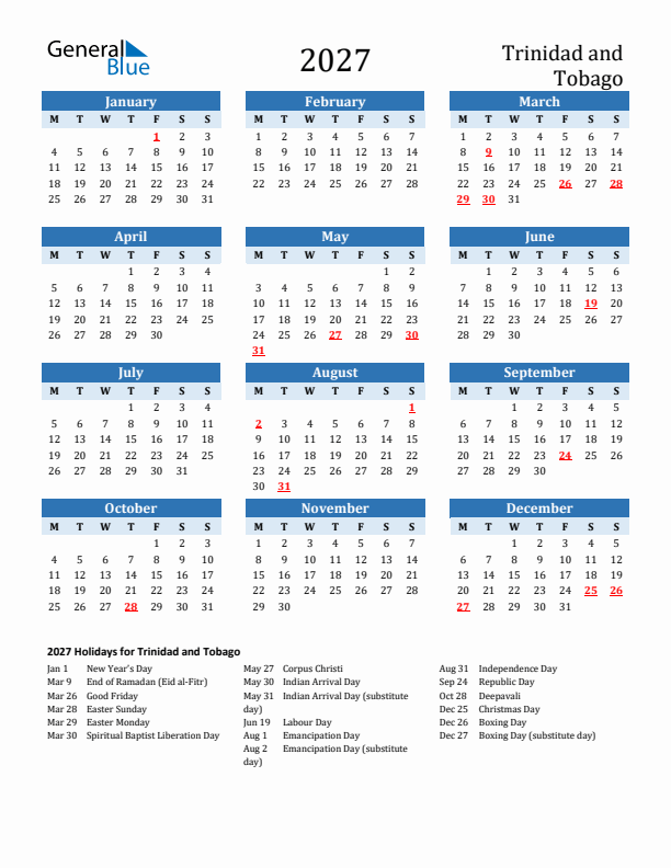 Printable Calendar 2027 with Trinidad and Tobago Holidays (Monday Start)