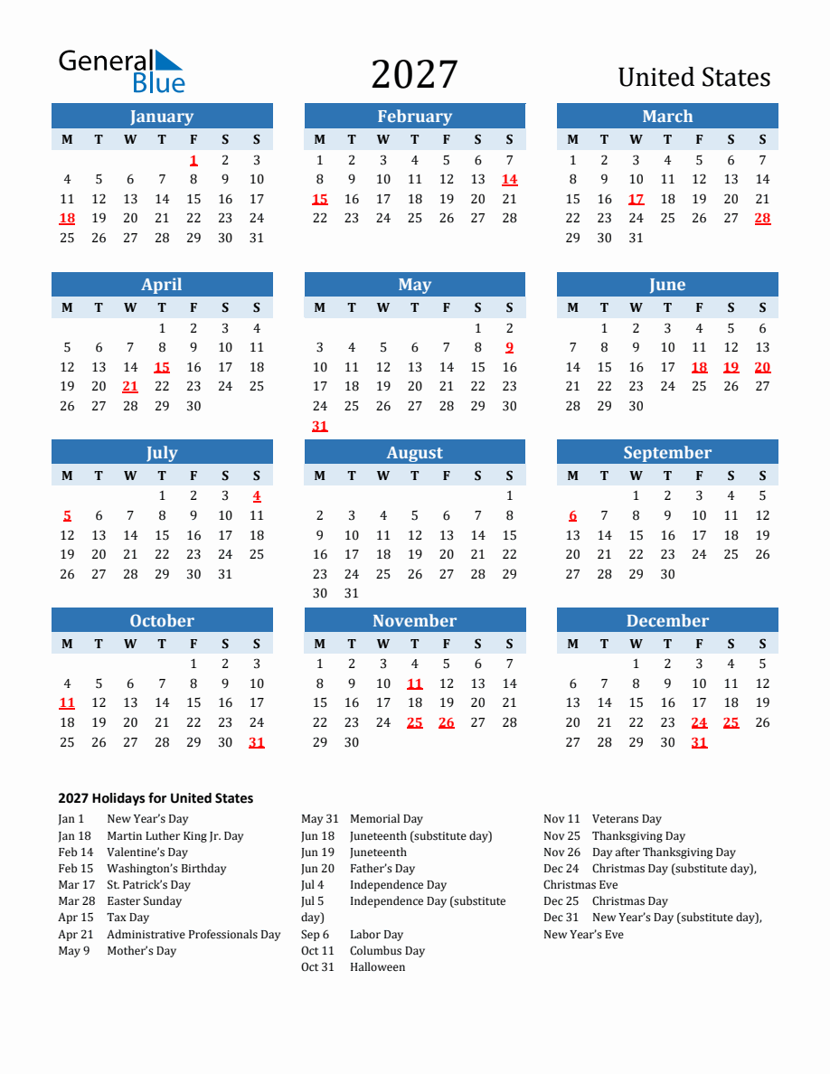 2027 Printable Calendar with United States Holidays - Monday Start