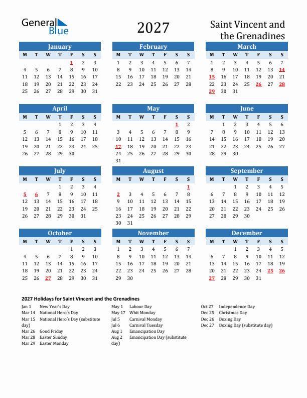 Printable Calendar 2027 with Saint Vincent and the Grenadines Holidays (Monday Start)