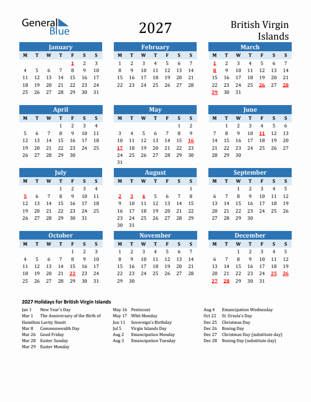 Printable Calendar 2027 with British Virgin Islands Holidays (Monday Start)