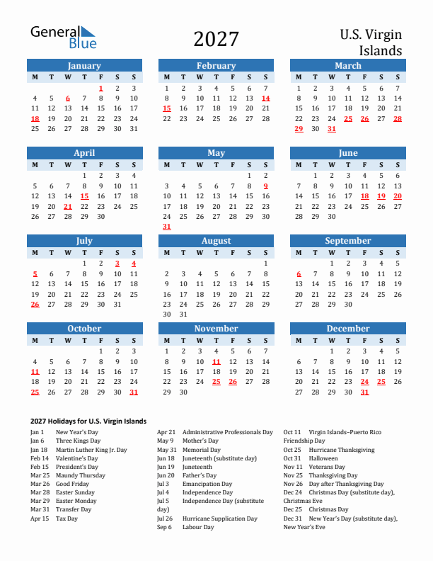 Printable Calendar 2027 with U.S. Virgin Islands Holidays (Monday Start)