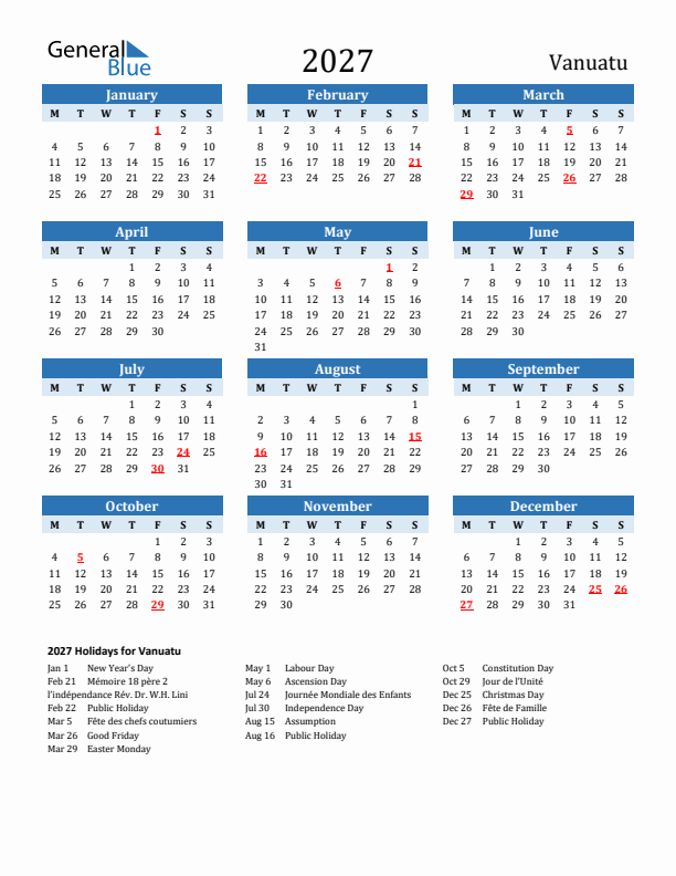 Printable Calendar 2027 with Vanuatu Holidays (Monday Start)