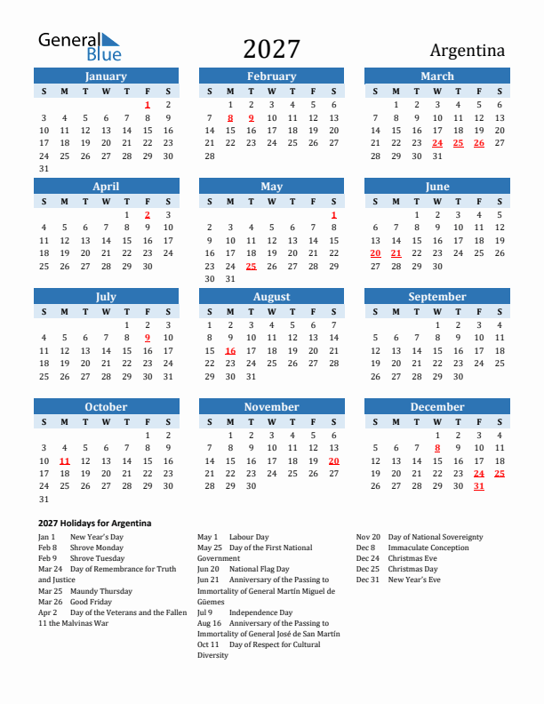 Printable Calendar 2027 with Argentina Holidays (Sunday Start)