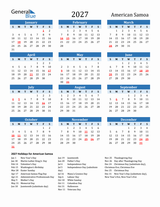 Printable Calendar 2027 with American Samoa Holidays (Sunday Start)