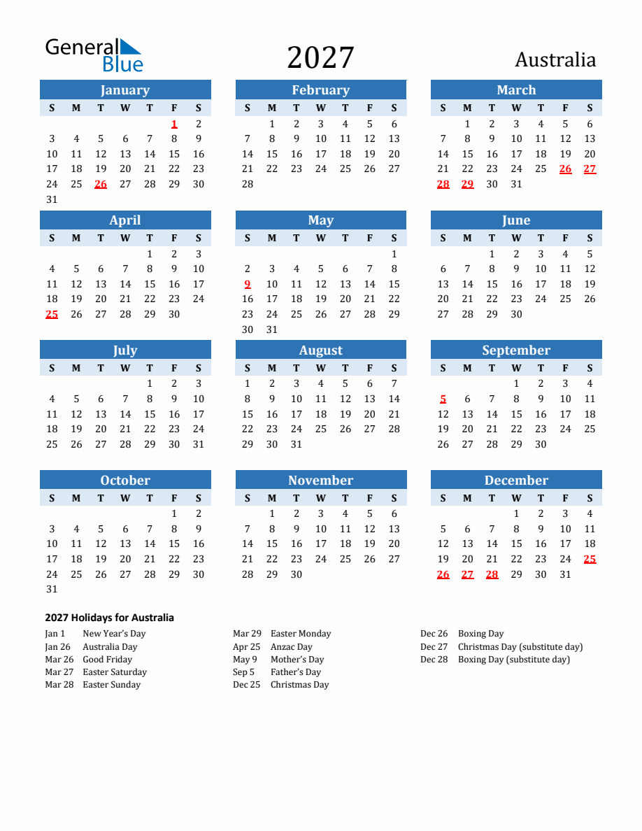2027 Printable Calendar with Australia Holidays