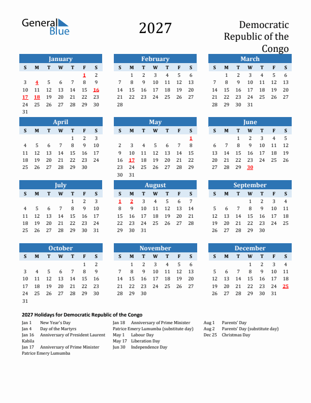 Printable Calendar 2027 with Democratic Republic of the Congo Holidays (Sunday Start)