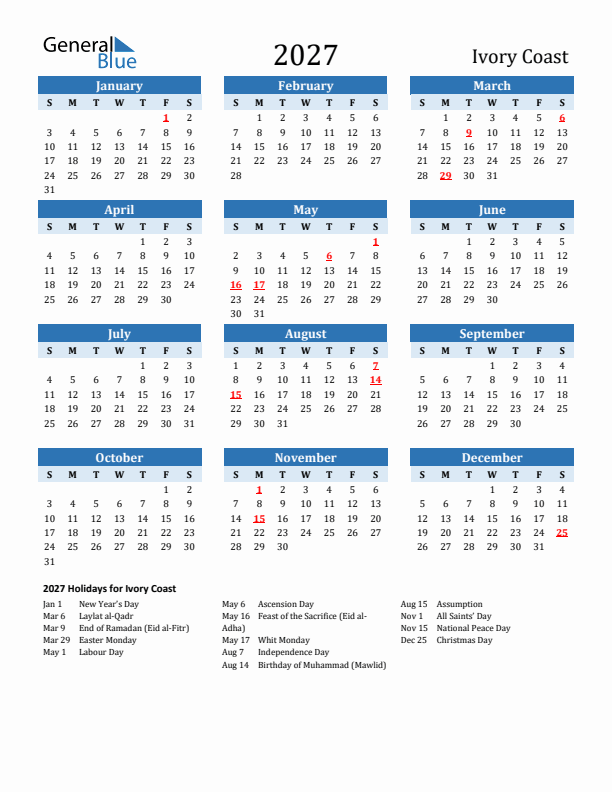 Printable Calendar 2027 with Ivory Coast Holidays (Sunday Start)