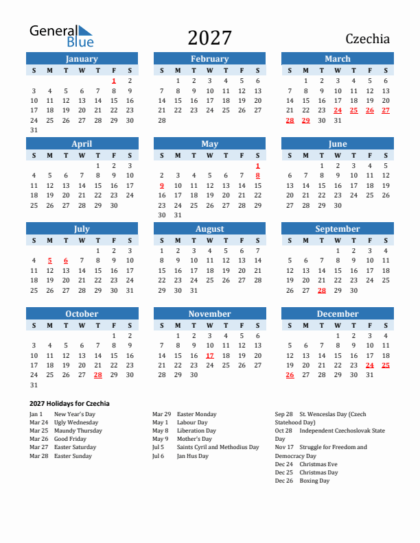 Printable Calendar 2027 with Czechia Holidays (Sunday Start)