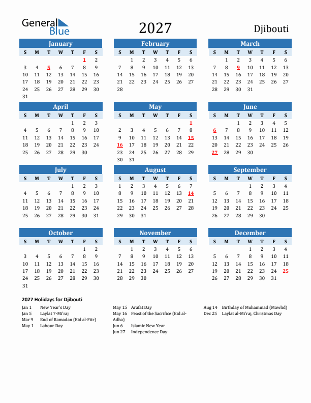Printable Calendar 2027 with Djibouti Holidays (Sunday Start)