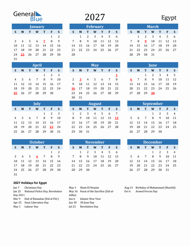 Printable Calendar 2027 with Egypt Holidays (Sunday Start)