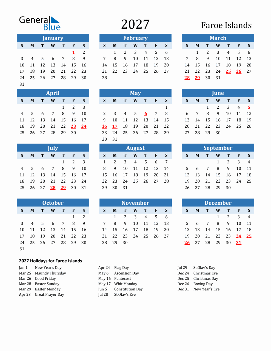 2027 Printable Calendar with Faroe Islands Holidays