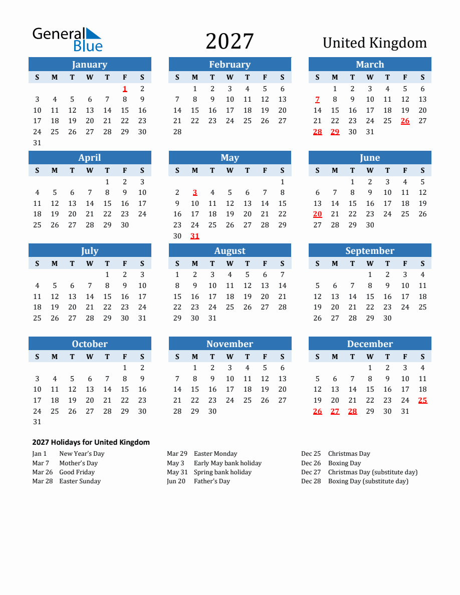 2027 printable calendar with united kingdom holidays