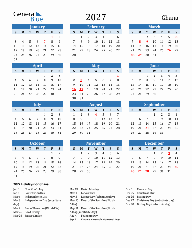 Printable Calendar 2027 with Ghana Holidays (Sunday Start)