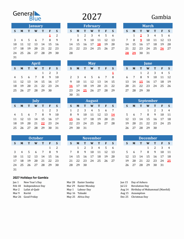 Printable Calendar 2027 with Gambia Holidays (Sunday Start)