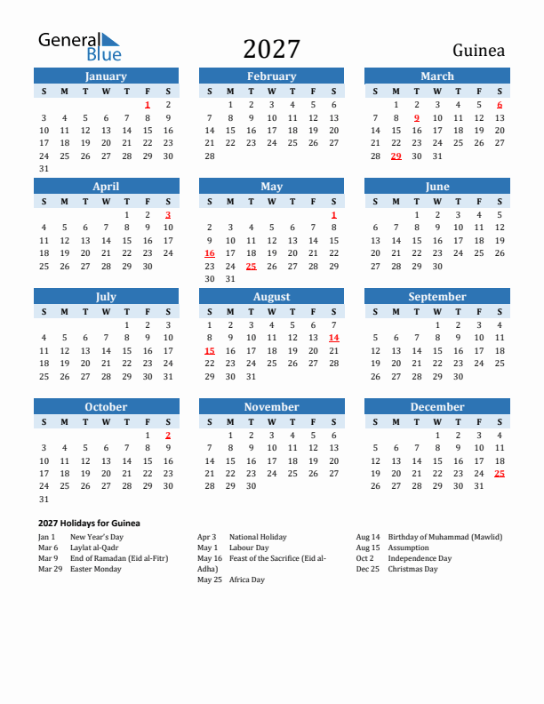 Printable Calendar 2027 with Guinea Holidays (Sunday Start)