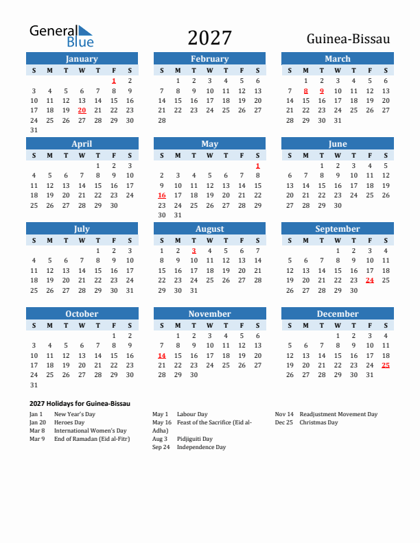 Printable Calendar 2027 with Guinea-Bissau Holidays (Sunday Start)