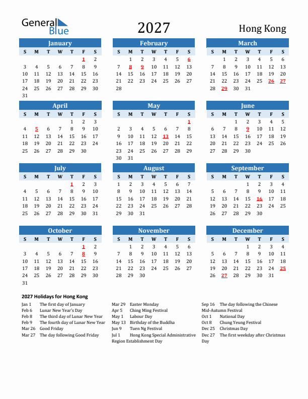 Printable Calendar 2027 with Hong Kong Holidays (Sunday Start)