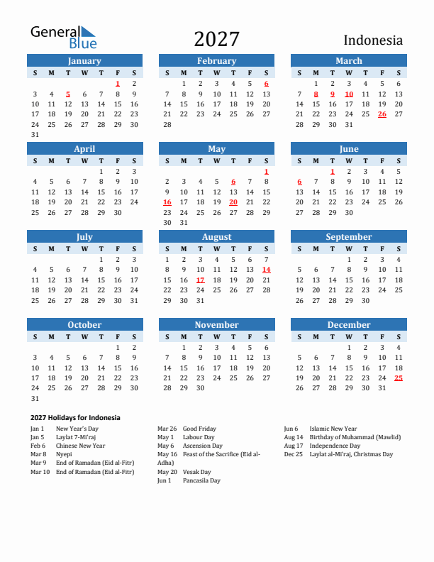 Printable Calendar 2027 with Indonesia Holidays (Sunday Start)