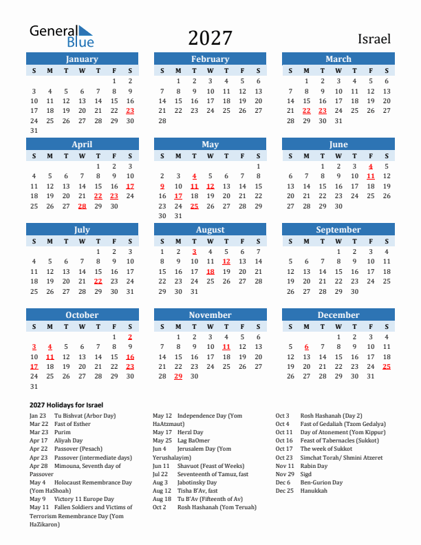 Printable Calendar 2027 with Israel Holidays (Sunday Start)