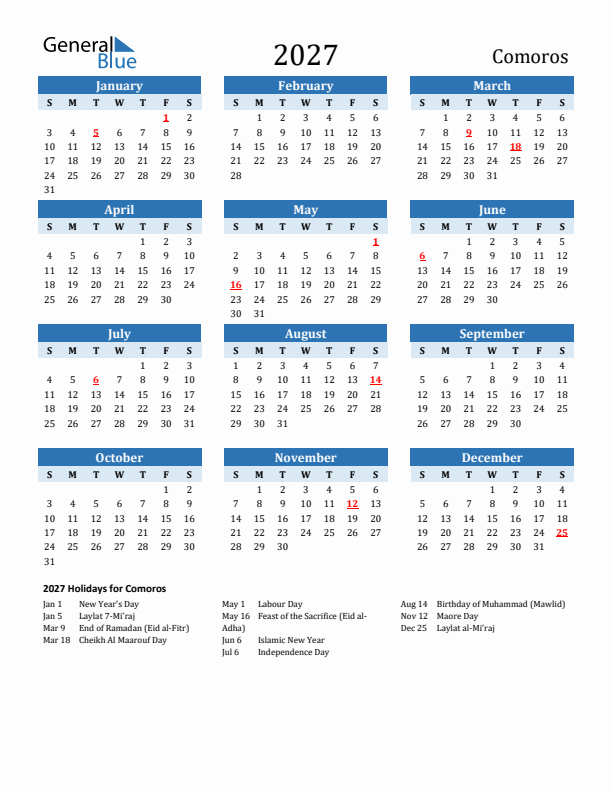 Printable Calendar 2027 with Comoros Holidays (Sunday Start)
