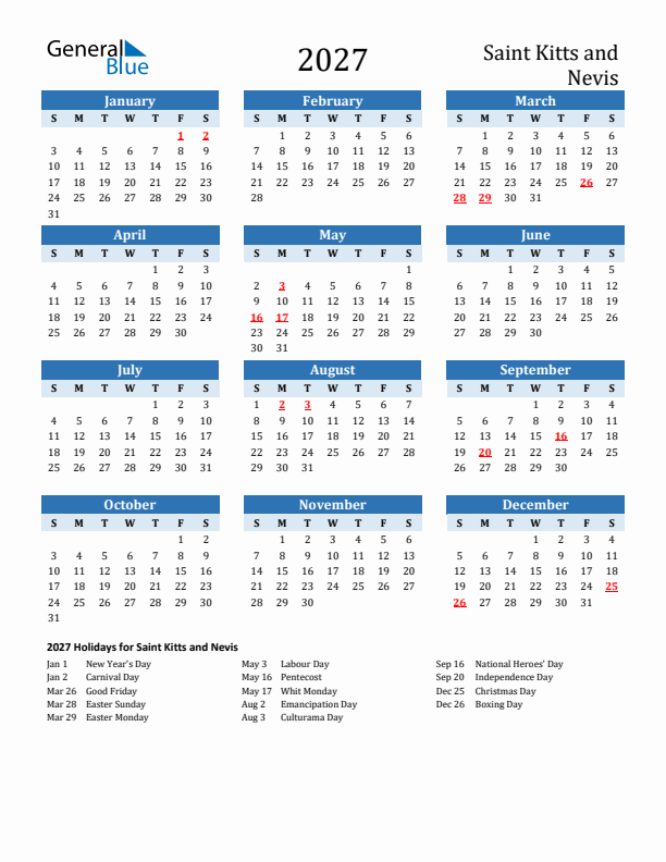 Printable Calendar 2027 with Saint Kitts and Nevis Holidays (Sunday Start)