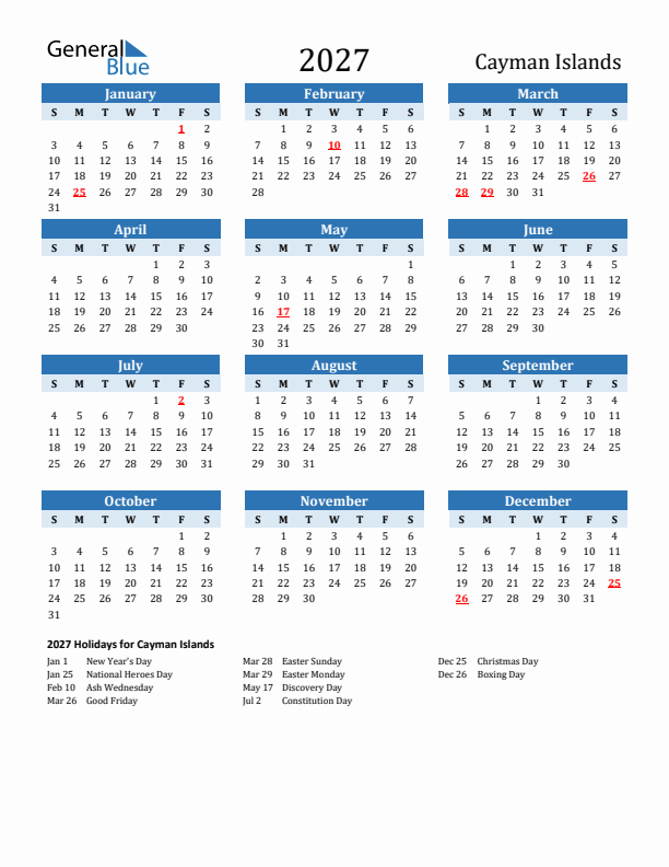 Printable Calendar 2027 with Cayman Islands Holidays (Sunday Start)