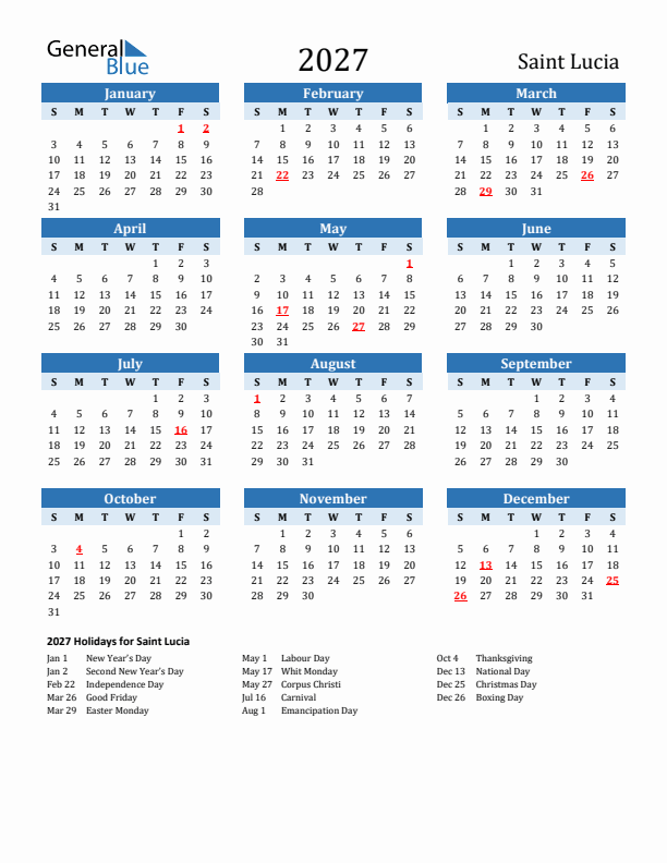 Printable Calendar 2027 with Saint Lucia Holidays (Sunday Start)