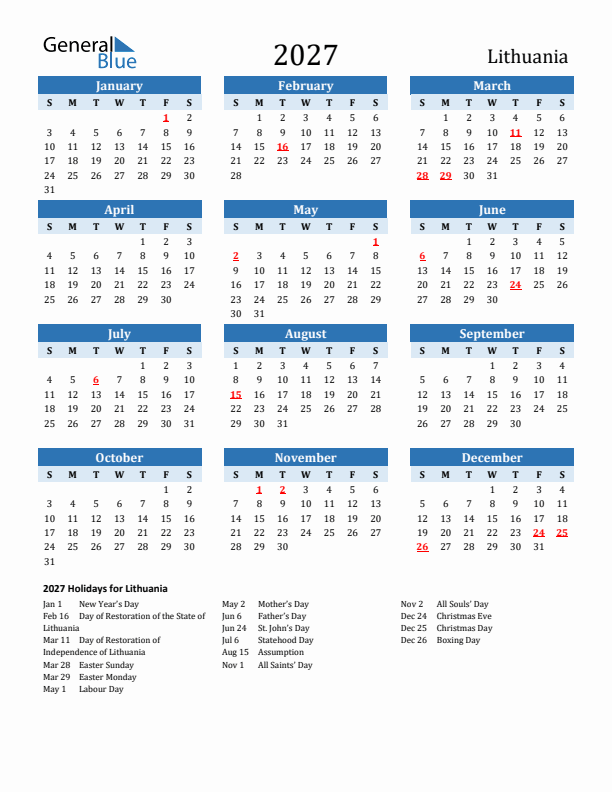 Printable Calendar 2027 with Lithuania Holidays (Sunday Start)
