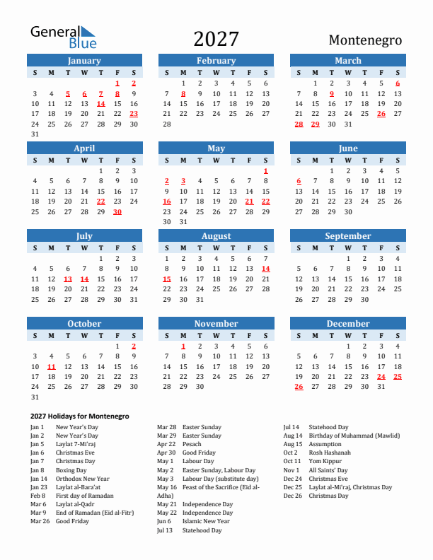 Printable Calendar 2027 with Montenegro Holidays (Sunday Start)