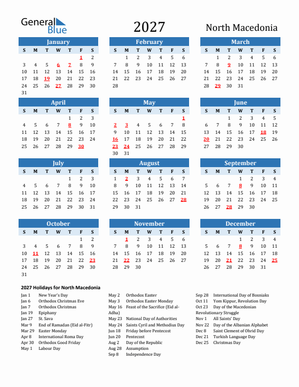 Printable Calendar 2027 with North Macedonia Holidays (Sunday Start)