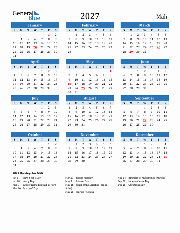 Printable Calendar 2027 with Mali Holidays (Sunday Start)