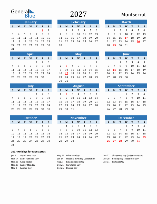 Printable Calendar 2027 with Montserrat Holidays (Sunday Start)