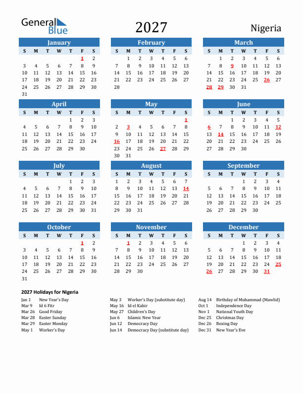 Printable Calendar 2027 with Nigeria Holidays (Sunday Start)
