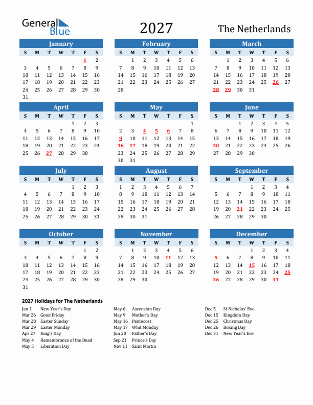 2027 Printable Calendar With The Netherlands Holidays 2027 Printable Calendar With The Netherlands Holidays
