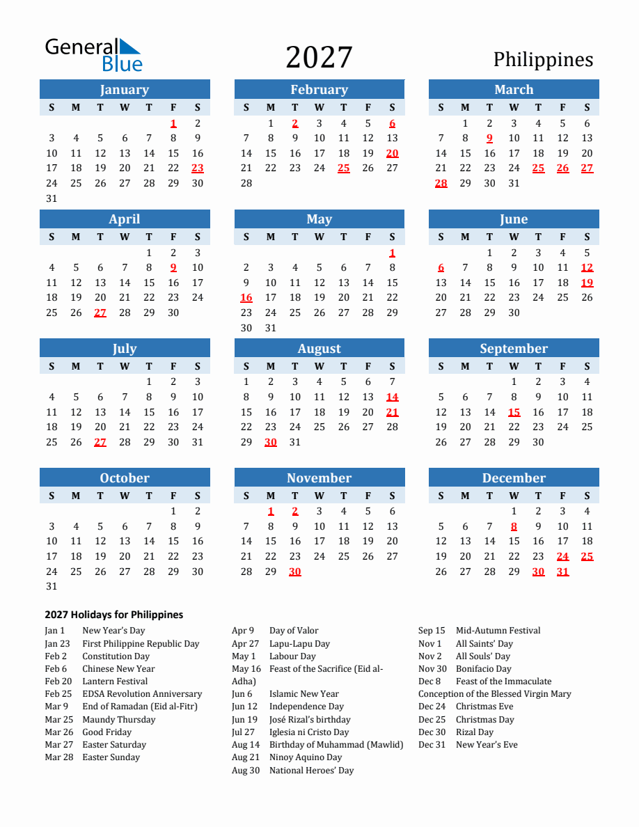 2027 Printable Calendar with Philippines Holidays