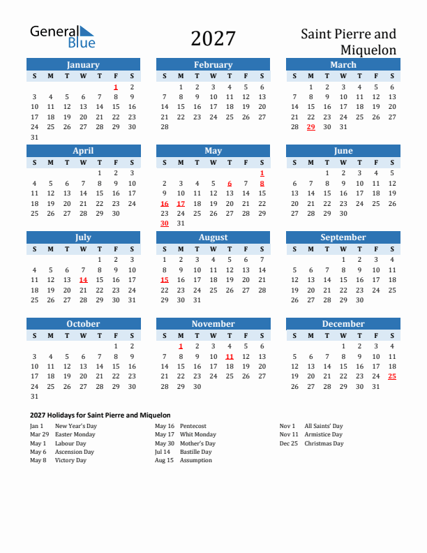 Printable Calendar 2027 with Saint Pierre and Miquelon Holidays (Sunday Start)