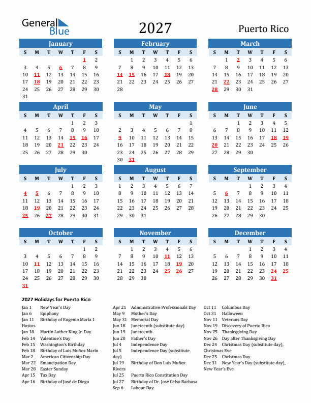 Printable Calendar 2027 with Puerto Rico Holidays (Sunday Start)