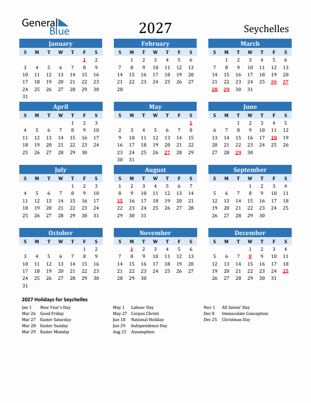 Printable Calendar 2027 with Seychelles Holidays (Sunday Start)