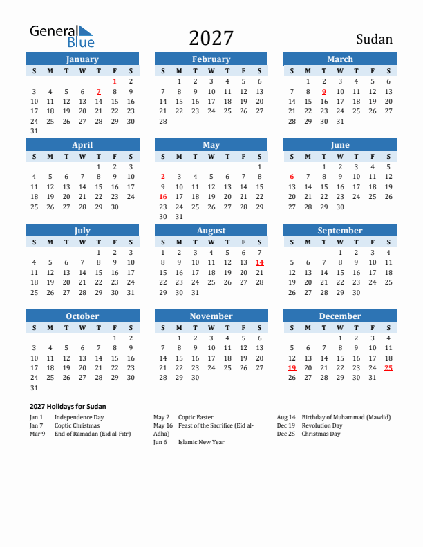 Printable Calendar 2027 with Sudan Holidays (Sunday Start)