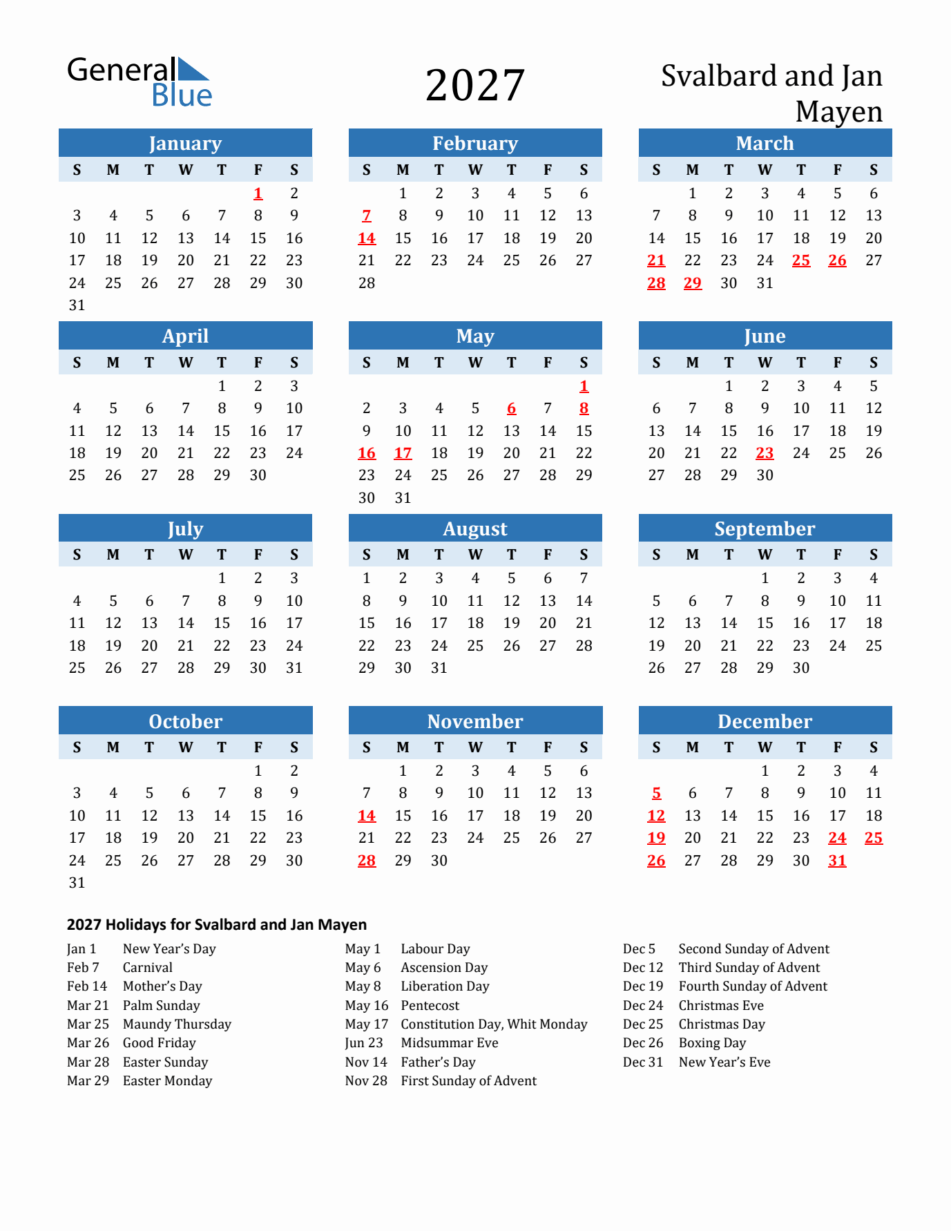 Printable Calendar 2027 with Svalbard and Jan Mayen Holidays (Sunday Start)