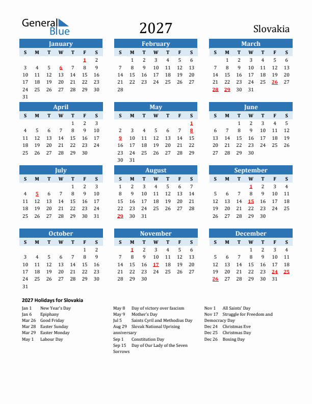 Printable Calendar 2027 with Slovakia Holidays (Sunday Start)